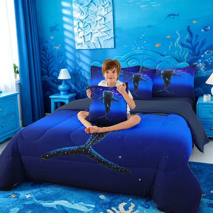 meiyoeat Sparkling Print Shark 7 Pieces Full Size Bedding Sets For Boys,Coastal Ocean Style Full Size Bed in a Bag For Kids,Navy Blue Reversible