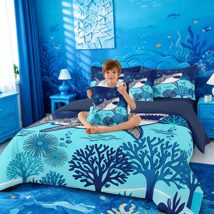 meiyoeat Vintage Bohemian Shark 7 Pieces Full Size Bedding Sets For Boys,Kids Cartoon Sea Creature Full Size Bed in a Bag,Navy Blue Reversible