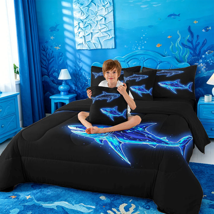 meiyoeat Ocean Themed 7 Pieces Full Size Bedding Sets For Kids,Cute Sea Animal Shark Full Size Bed in a Bag For Boys,Black Reversible
