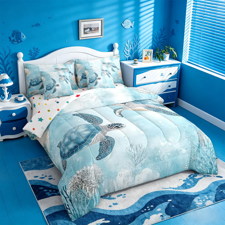 meiyoeat Sea Turtle 7 Pieces Full Size Bedding Sets For Boys,Watercolor Blue Coral Full Size Bed in a Bag For Kids,Reversible