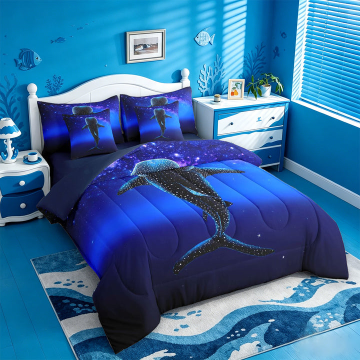 meiyoeat Sparkling Print Shark 7 Pieces Full Size Bedding Sets For Boys,Coastal Ocean Style Full Size Bed in a Bag For Kids,Navy Blue Reversible