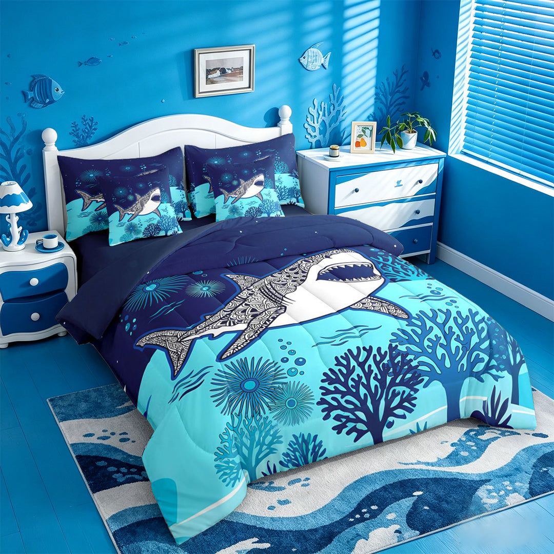 meiyoeat Vintage Bohemian Shark 7 Pieces Full Size Bedding Sets For Boys,Kids Cartoon Sea Creature Full Size Bed in a Bag,Navy Blue Reversible