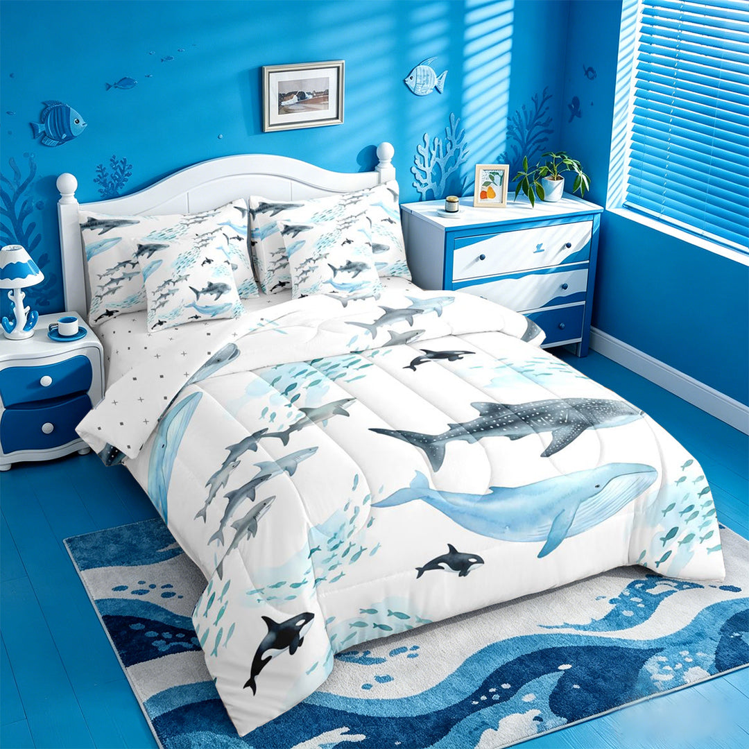 meiyoeat Sea Creature Whale 7 Pieces Full Size Bedding Sets For Kids,Cartoon Ocean Animals Full Size Bed in a Bag For Boys,Reversible