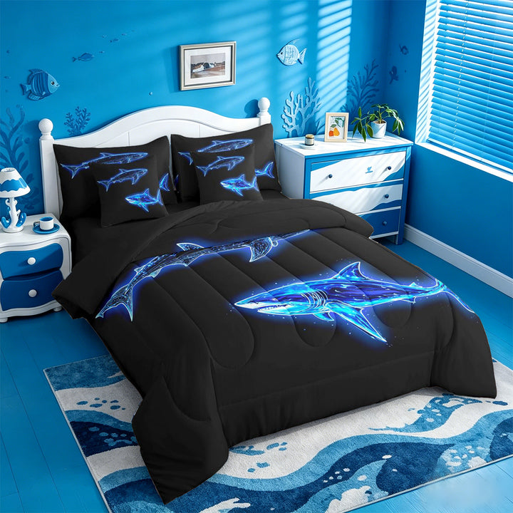 meiyoeat Ocean Themed 7 Pieces Full Size Bedding Sets For Kids,Cute Sea Animal Shark Full Size Bed in a Bag For Boys,Black Reversible