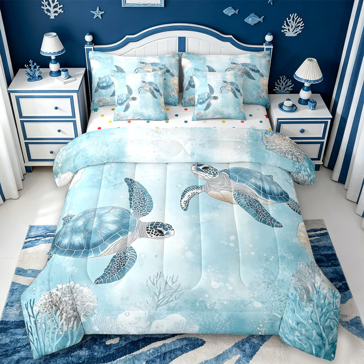 meiyoeat Sea Turtle 7 Pieces Full Size Bedding Sets For Boys,Watercolor Blue Coral Full Size Bed in a Bag For Kids,Reversible