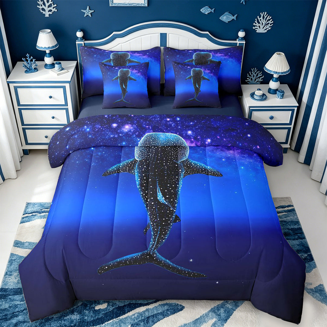 meiyoeat Sparkling Print Shark 7 Pieces Full Size Bedding Sets For Boys,Coastal Ocean Style Full Size Bed in a Bag For Kids,Navy Blue Reversible