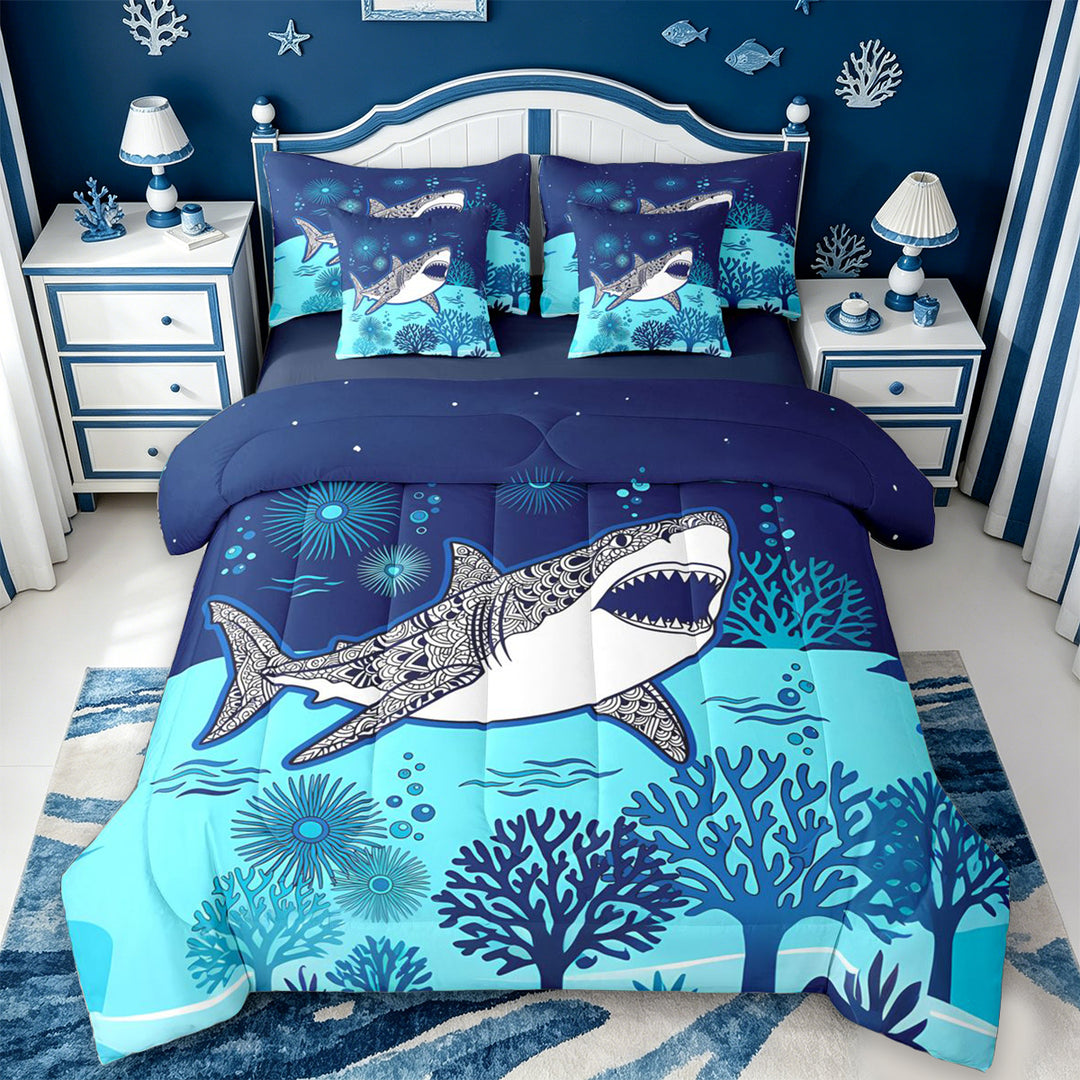 meiyoeat Vintage Bohemian Shark 7 Pieces Full Size Bedding Sets For Boys,Kids Cartoon Sea Creature Full Size Bed in a Bag,Navy Blue Reversible