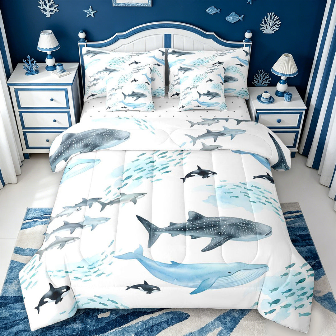 meiyoeat Sea Creature Whale 7 Pieces Full Size Bedding Sets For Kids,Cartoon Ocean Animals Full Size Bed in a Bag For Boys,Reversible