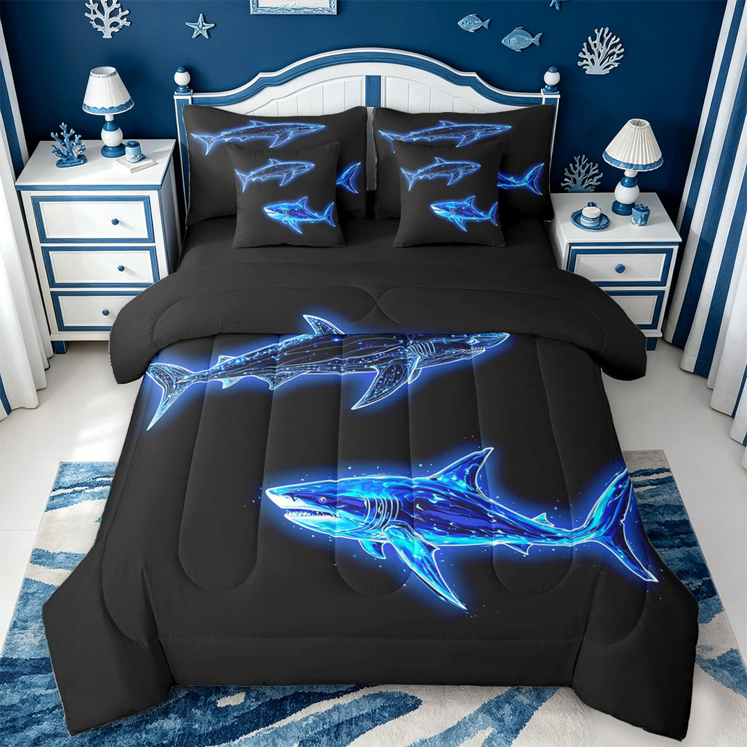 meiyoeat Ocean Themed 7 Pieces Full Size Bedding Sets For Kids,Cute Sea Animal Shark Full Size Bed in a Bag For Boys,Black Reversible