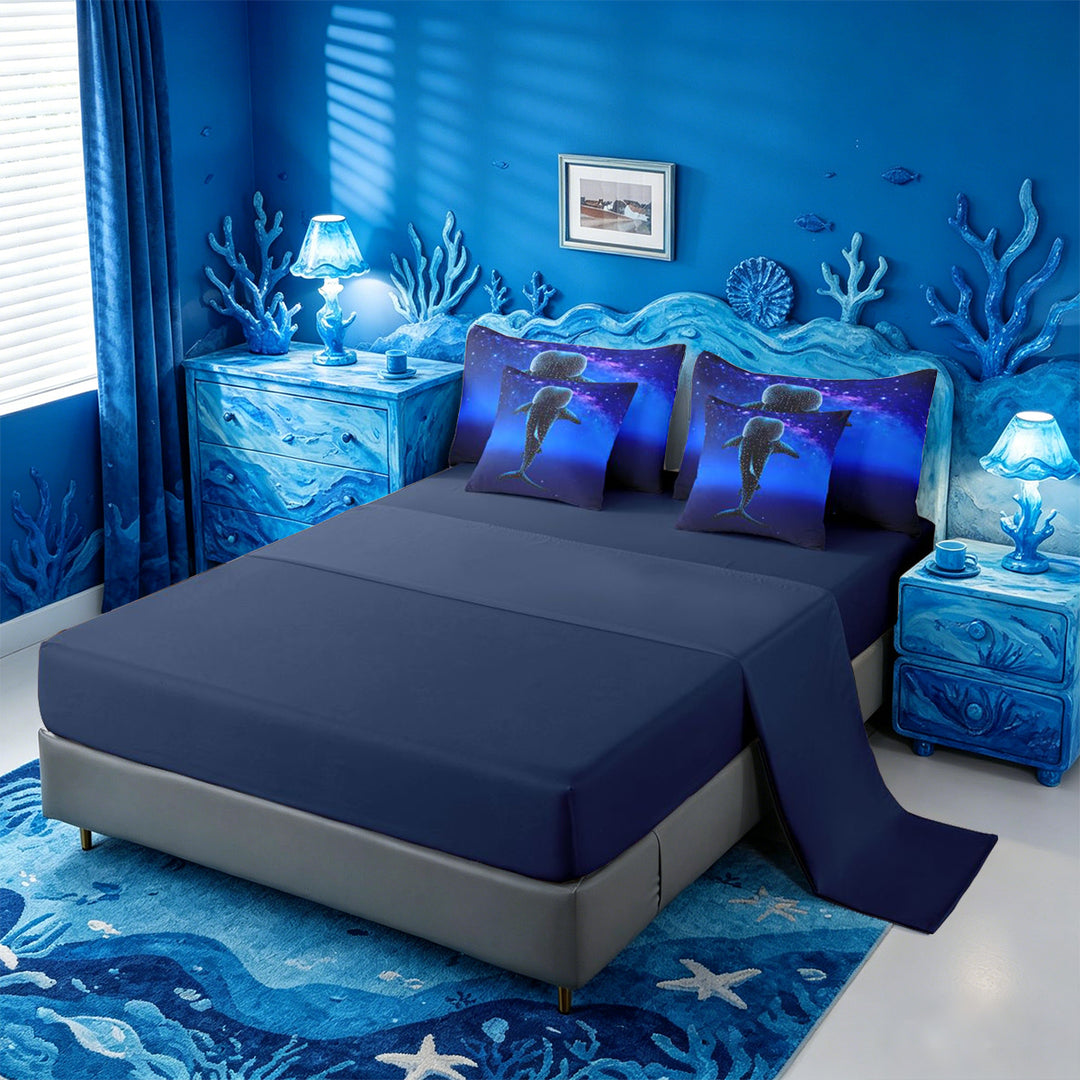 meiyoeat Sparkling Print Shark 7 Pieces Full Size Bedding Sets For Boys,Coastal Ocean Style Full Size Bed in a Bag For Kids,Navy Blue Reversible