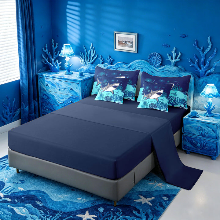 meiyoeat Vintage Bohemian Shark 7 Pieces Full Size Bedding Sets For Boys,Kids Cartoon Sea Creature Full Size Bed in a Bag,Navy Blue Reversible