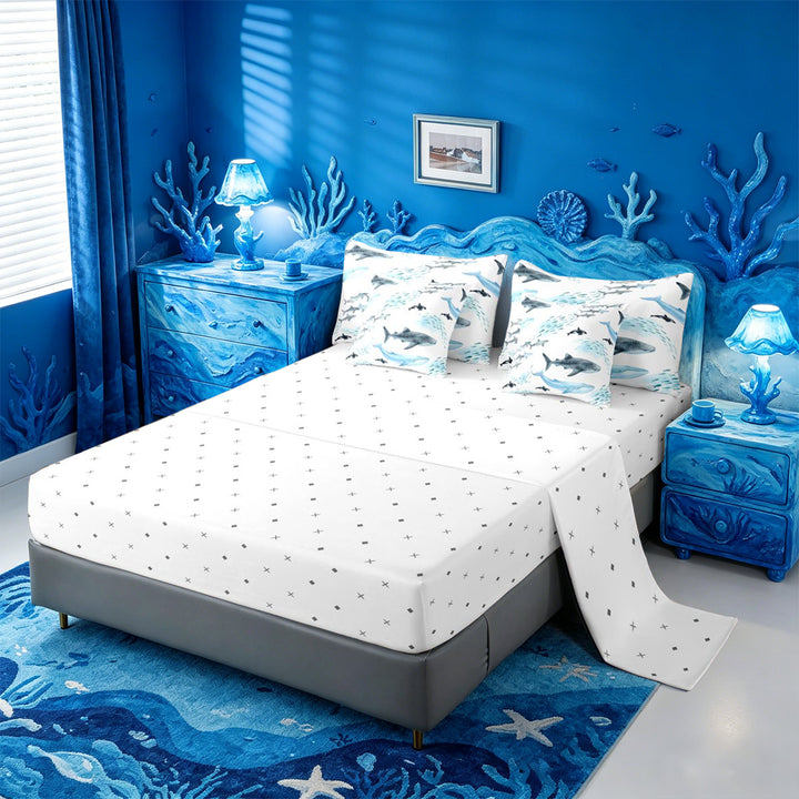meiyoeat Sea Creature Whale 7 Pieces Full Size Bedding Sets For Kids,Cartoon Ocean Animals Full Size Bed in a Bag For Boys,Reversible