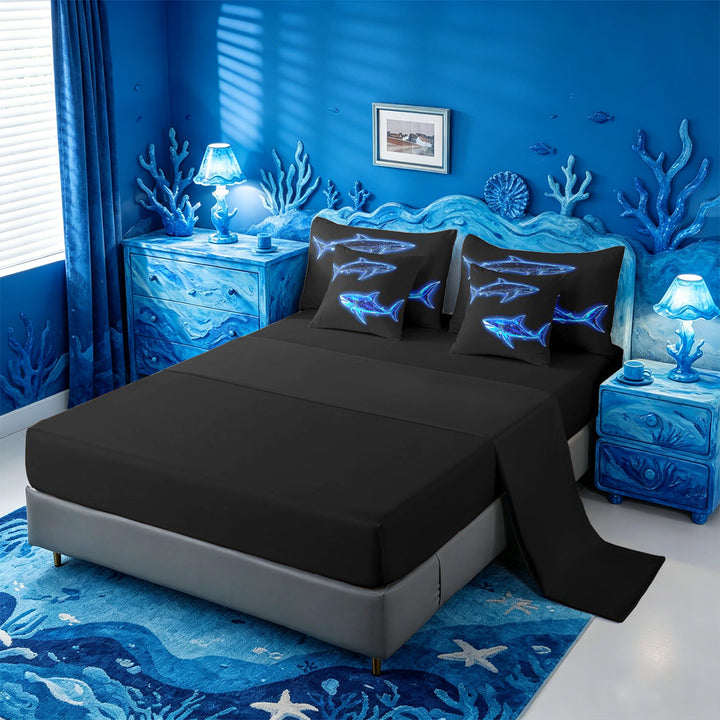 meiyoeat Ocean Themed 7 Pieces Full Size Bedding Sets For Kids,Cute Sea Animal Shark Full Size Bed in a Bag For Boys,Black Reversible