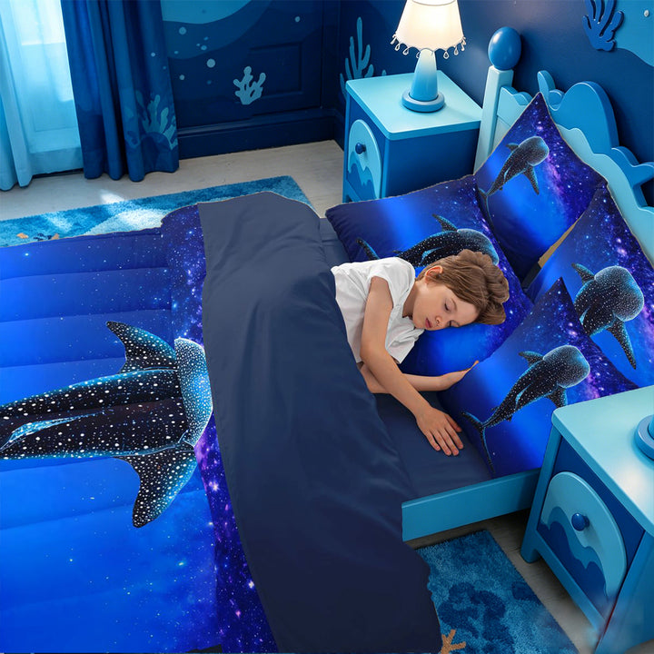 meiyoeat Sparkling Print Shark 7 Pieces Full Size Bedding Sets For Boys,Coastal Ocean Style Full Size Bed in a Bag For Kids,Navy Blue Reversible
