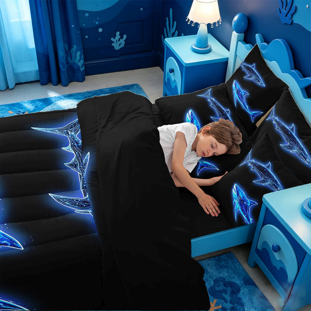 meiyoeat Ocean Themed 7 Pieces Full Size Bedding Sets For Kids,Cute Sea Animal Shark Full Size Bed in a Bag For Boys,Black Reversible