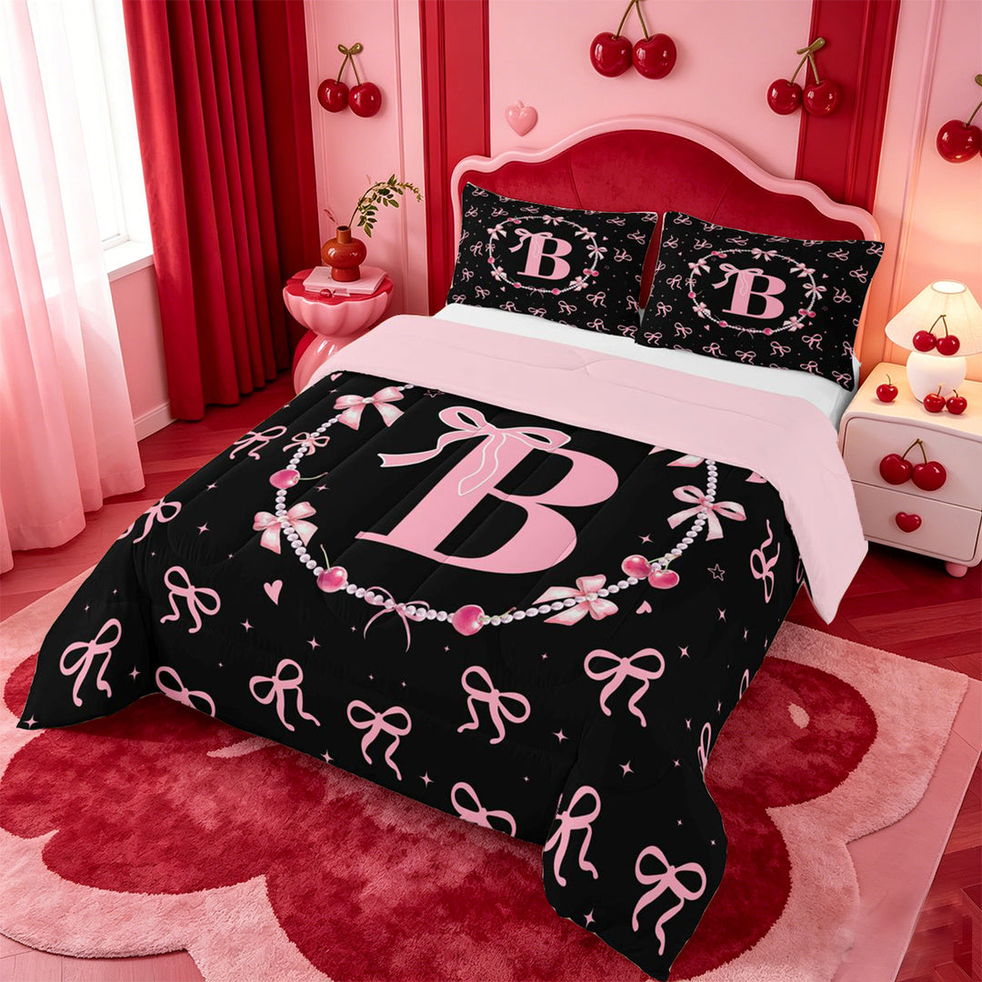 meiyoeat Ribbon Bow Pearl Full Size Comforter Sets,Pink Monogrammed B Bedding Comforter Set For Girl,Pink Reversible,3 Pieces,1 Comforter and 2 Pillowcases