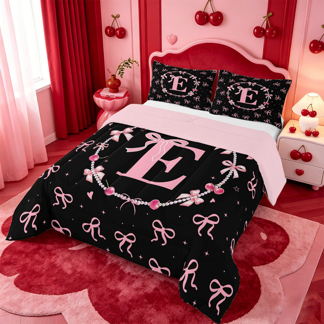 meiyoeat Pink Personalized Initial E Full Size Comforter Sets,Princess Bow Bedding Comforter Set For Girl,Pink Reversible,3 Pieces,1 Comforter and 2 Pillowcases