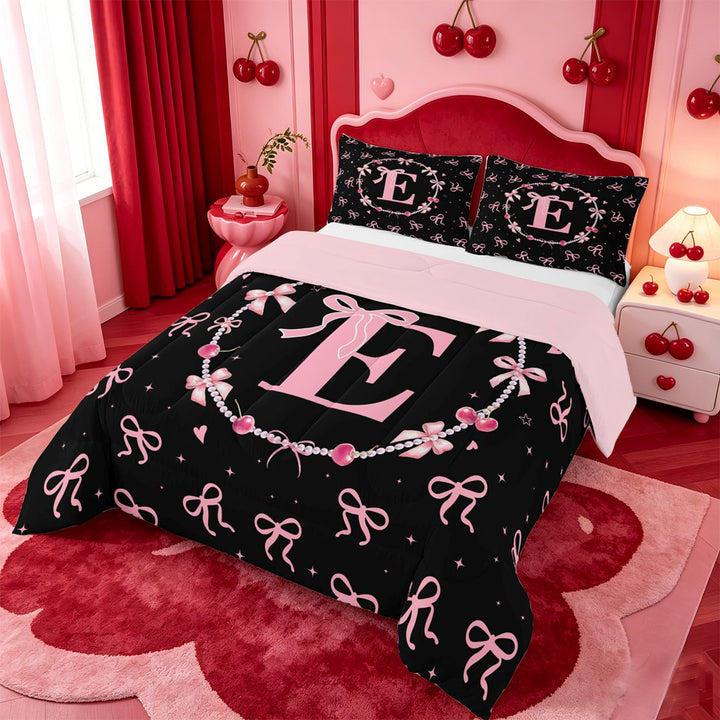 meiyoeat Pink Personalized Initial E Full Size Comforter Sets,Princess Bow Bedding Comforter Set For Girl,Pink Reversible,3 Pieces,1 Comforter and 2 Pillowcases