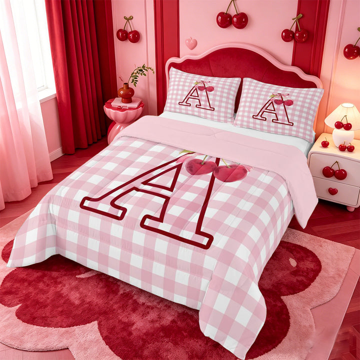 meiyoeat Pink Bow Cherry Monogram A Full Size Comforter Sets,Classic Geometric Checkered Bedding Comforter Set For Girl,Pink Reversible,3pcs,1 Comforter and 2 Pillowcases
