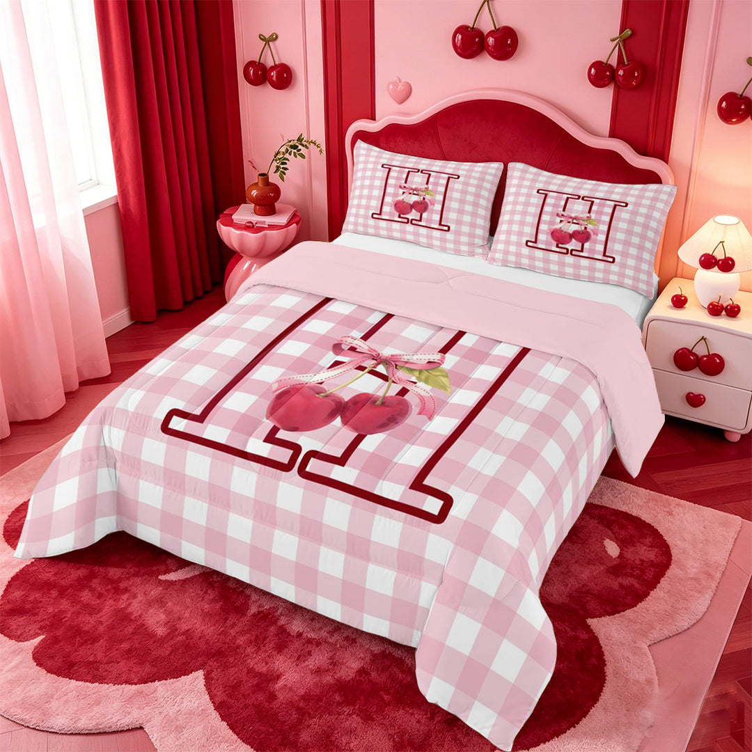 meiyoeat Girls Personalized Initial Gifts Full Size Comforter Sets,Pink Checkered Initial Art Bedding Comforter Set For Girl,Pink Reversible,3 Pieces,1 Comforter and 2 Pillowcases