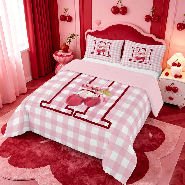 meiyoeat Girls Personalized Initial Gifts Full Size Comforter Sets,Pink Checkered Initial Art Bedding Comforter Set For Girl,Pink Reversible,3 Pieces,1 Comforter and 2 Pillowcases