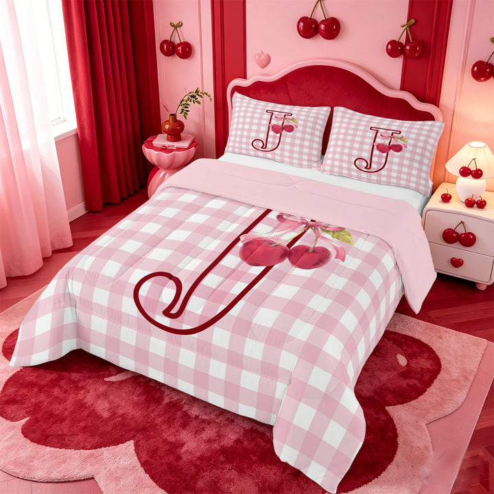 meiyoeat Ribbon Bow Monogram J Full Size Comforter Sets,Pink Cherry Initial Art Bedding Comforter Set For Girl,Pink Reversible,3pcs,1 Comforter and 2 Pillowcases
