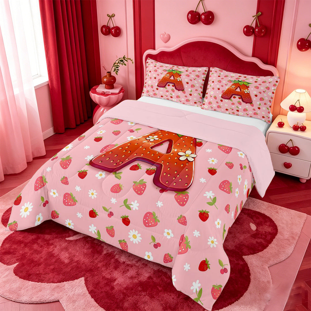 meiyoeat Strawberry Floral Monogram A Full Size Comforter Sets,3D Cartoon Cute Fruit Bedding Comforter Set For Girl,Pink Reversible,3pcs,1 Comforter and 2 Pillowcases