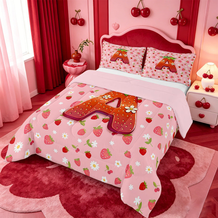 meiyoeat Strawberry Floral Monogram A Full Size Comforter Sets,3D Cartoon Cute Fruit Bedding Comforter Set For Girl,Pink Reversible,3pcs,1 Comforter and 2 Pillowcases