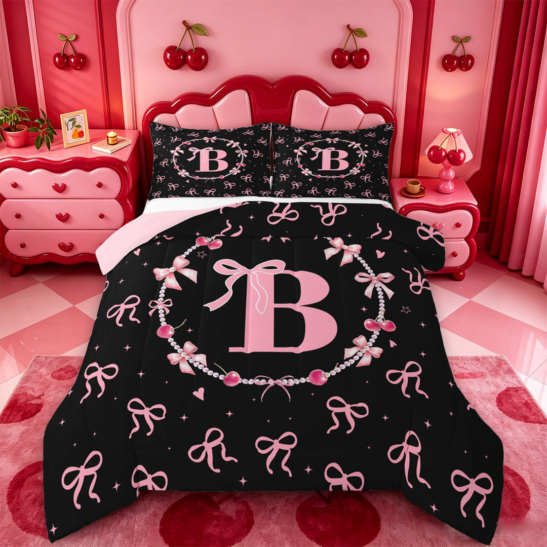 meiyoeat Ribbon Bow Pearl Full Size Comforter Sets,Pink Monogrammed B Bedding Comforter Set For Girl,Pink Reversible,3 Pieces,1 Comforter and 2 Pillowcases