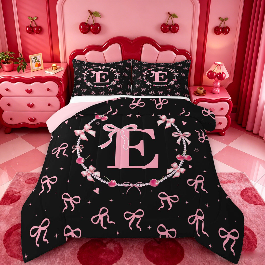 meiyoeat Pink Personalized Initial E Full Size Comforter Sets,Princess Bow Bedding Comforter Set For Girl,Pink Reversible,3 Pieces,1 Comforter and 2 Pillowcases