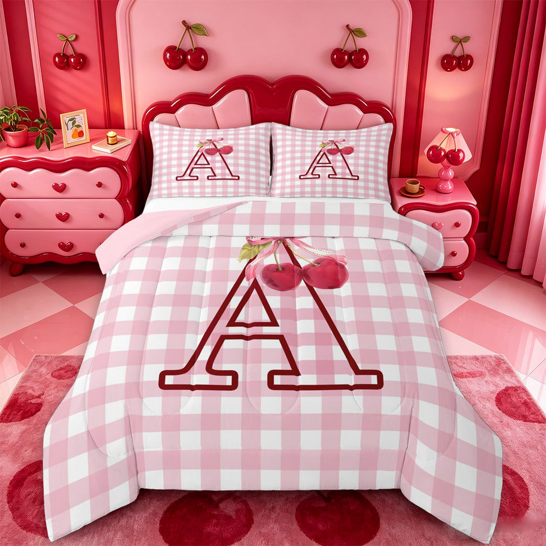 meiyoeat Pink Bow Cherry Monogram A Full Size Comforter Sets,Classic Geometric Checkered Bedding Comforter Set For Girl,Pink Reversible,3pcs,1 Comforter and 2 Pillowcases
