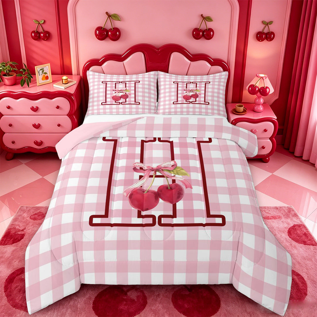 meiyoeat Girls Personalized Initial Gifts Full Size Comforter Sets,Pink Checkered Initial Art Bedding Comforter Set For Girl,Pink Reversible,3 Pieces,1 Comforter and 2 Pillowcases