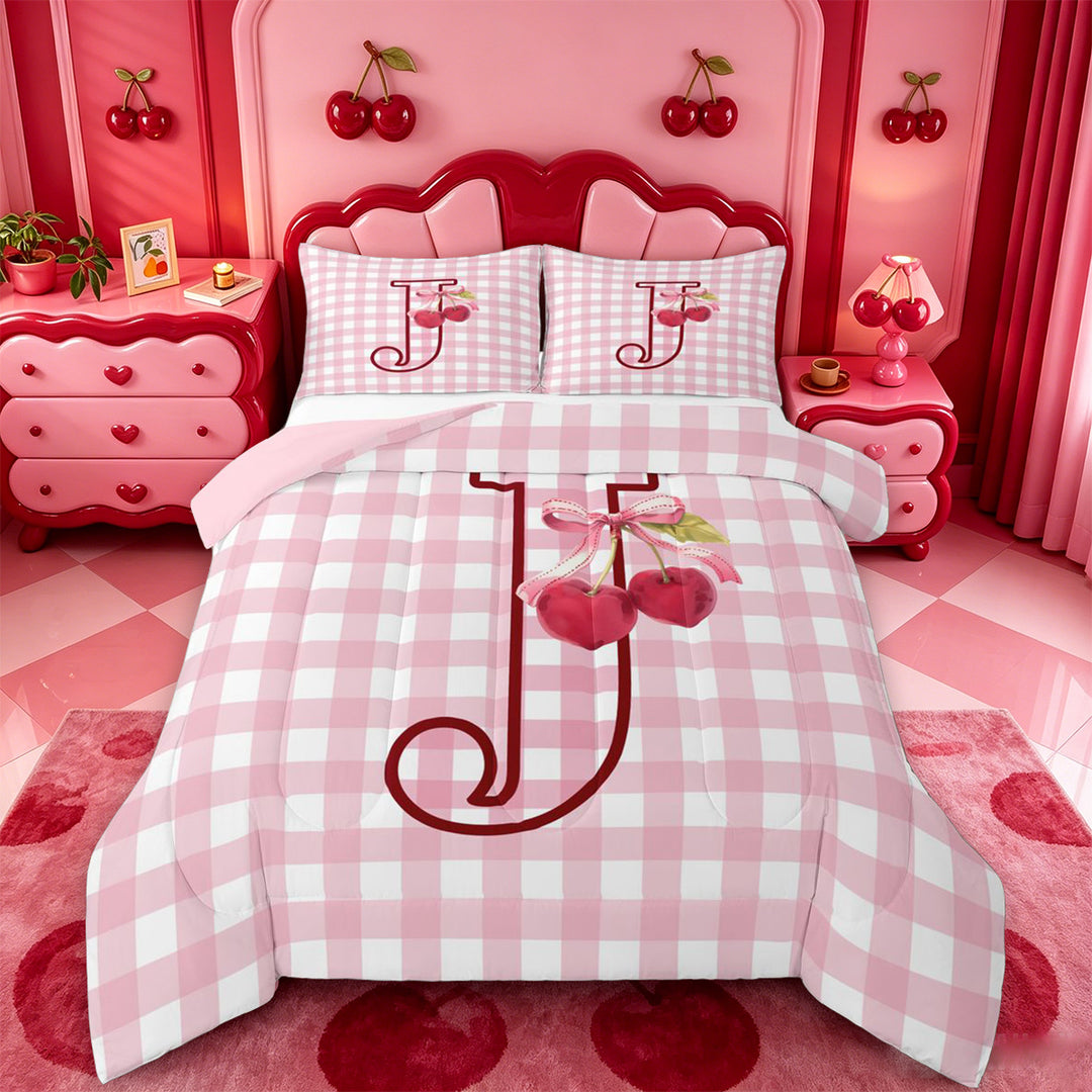 meiyoeat Ribbon Bow Monogram J Full Size Comforter Sets,Pink Cherry Initial Art Bedding Comforter Set For Girl,Pink Reversible,3pcs,1 Comforter and 2 Pillowcases