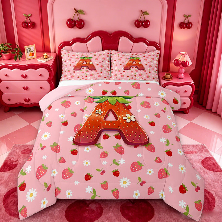 meiyoeat Strawberry Floral Monogram A Full Size Comforter Sets,3D Cartoon Cute Fruit Bedding Comforter Set For Girl,Pink Reversible,3pcs,1 Comforter and 2 Pillowcases