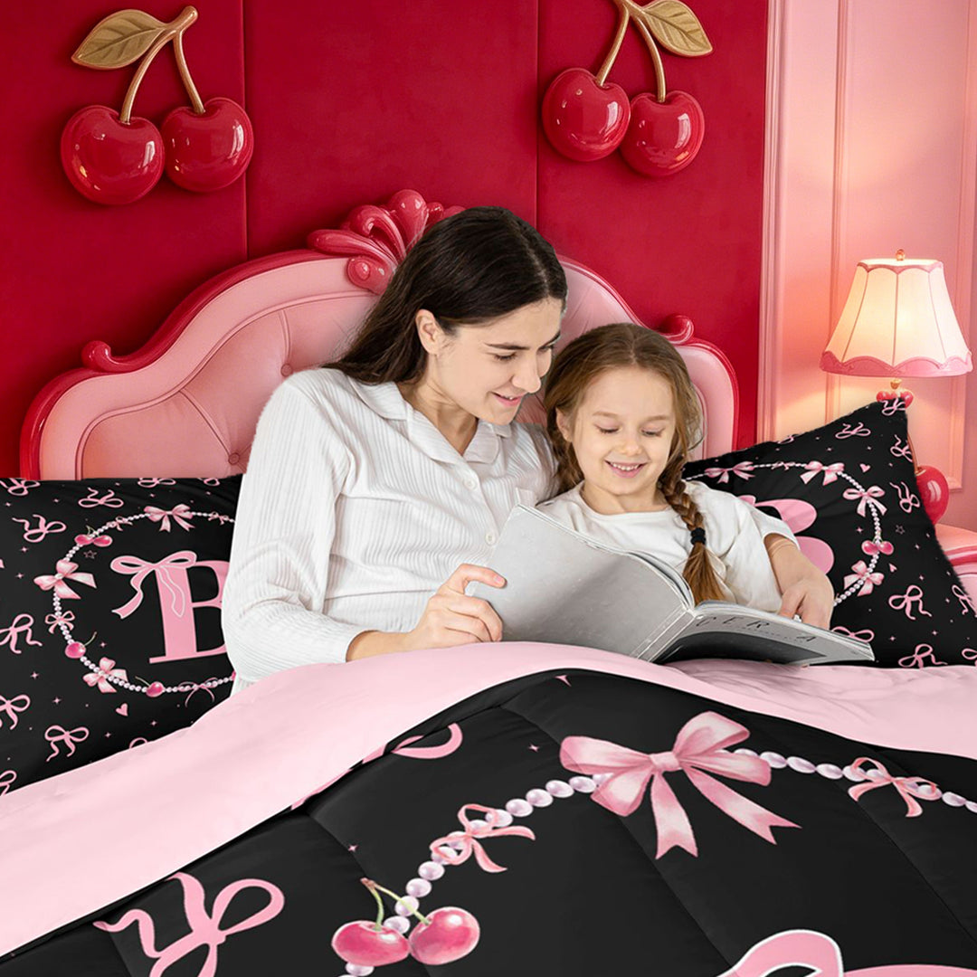 meiyoeat Ribbon Bow Pearl Full Size Comforter Sets,Pink Monogrammed B Bedding Comforter Set For Girl,Pink Reversible,3 Pieces,1 Comforter and 2 Pillowcases