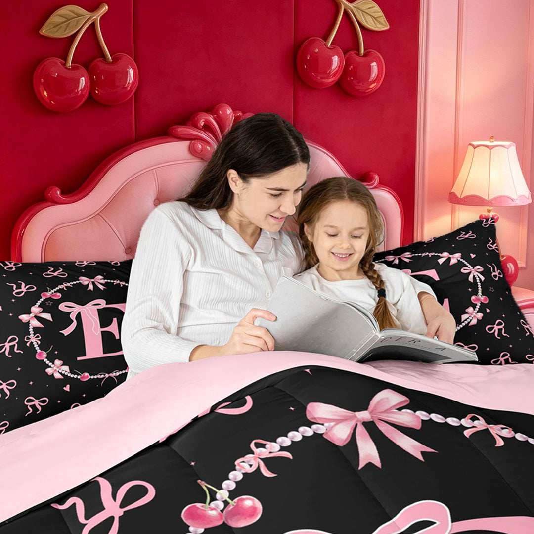 meiyoeat Pink Personalized Initial E Full Size Comforter Sets,Princess Bow Bedding Comforter Set For Girl,Pink Reversible,3 Pieces,1 Comforter and 2 Pillowcases