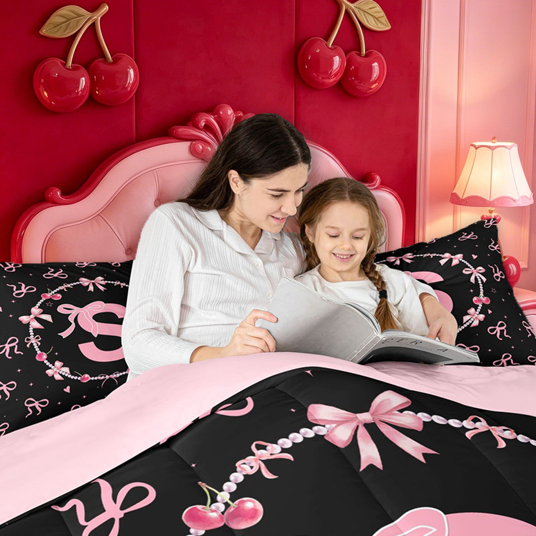 meiyoeat Coquette Bowknot Monogram S 7 Pieces Full Size Bedding Sets,Pink Initial Design Full Size Bed in a Bag For Girl,Pink Reversible