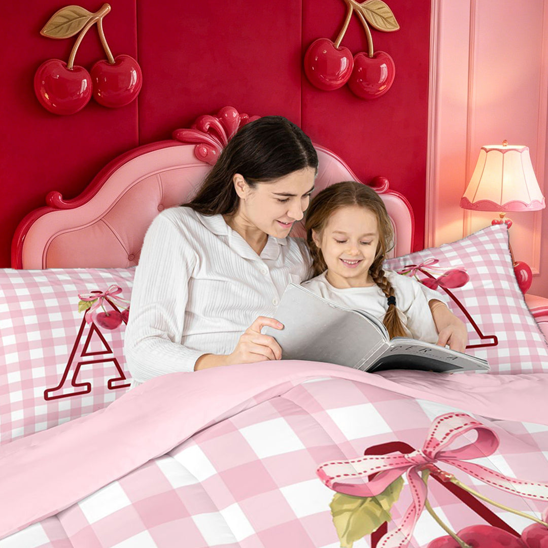 meiyoeat Pink Bow Cherry Monogram A Full Size Comforter Sets,Classic Geometric Checkered Bedding Comforter Set For Girl,Pink Reversible,3pcs,1 Comforter and 2 Pillowcases