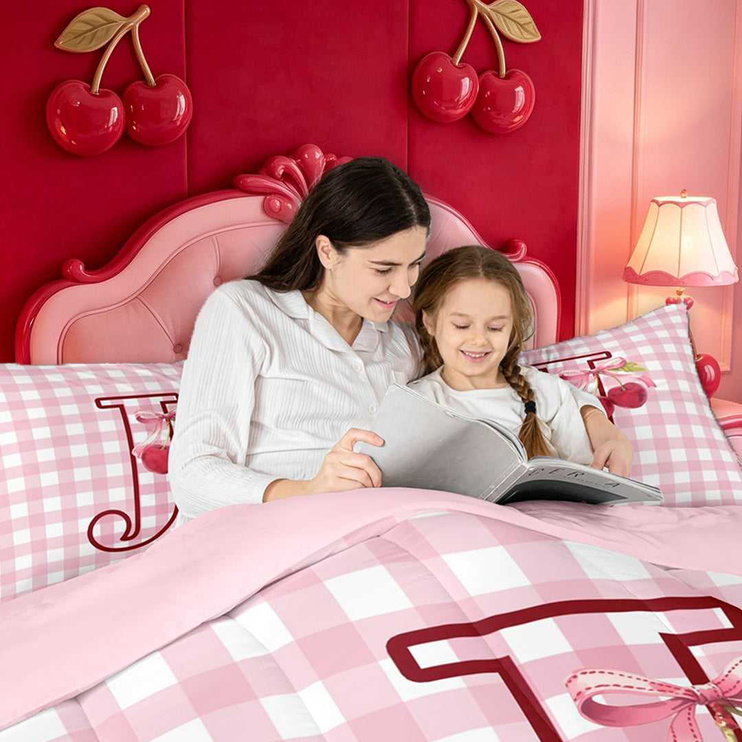 meiyoeat Ribbon Bow Monogram J Full Size Comforter Sets,Pink Cherry Initial Art Bedding Comforter Set For Girl,Pink Reversible,3pcs,1 Comforter and 2 Pillowcases