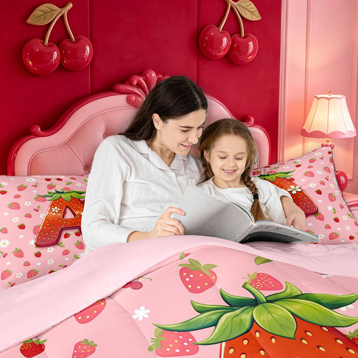 meiyoeat Strawberry Floral Monogram A Full Size Comforter Sets,3D Cartoon Cute Fruit Bedding Comforter Set For Girl,Pink Reversible,3pcs,1 Comforter and 2 Pillowcases