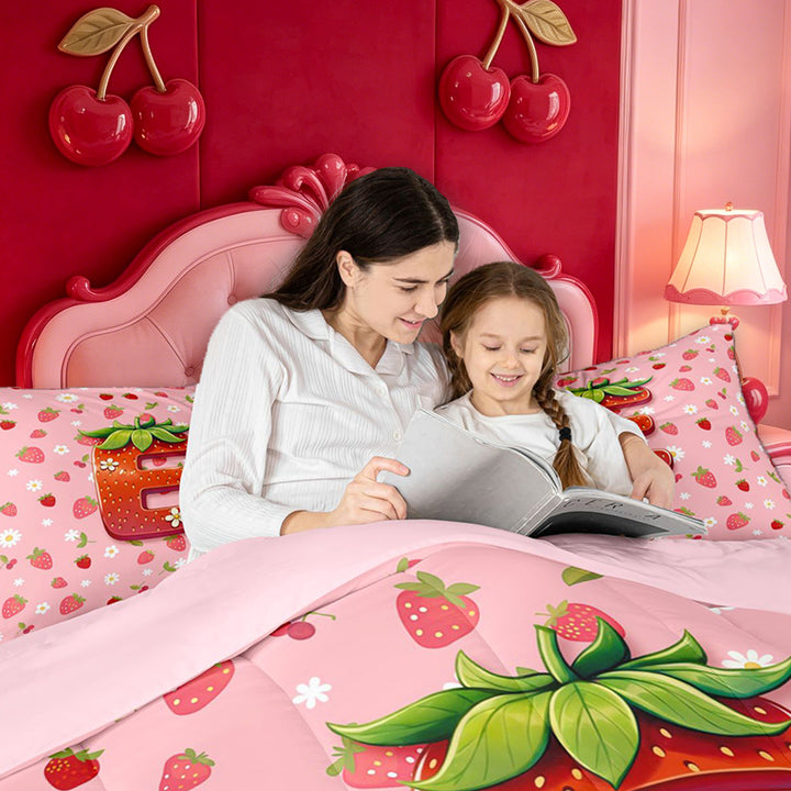 meiyoeat 3D Cartoon Monogram E 7 Pieces Full Size Bedding SetsPink Fruit Strawberry Full Size Bed in a Bag For Girl,Pink Reversible