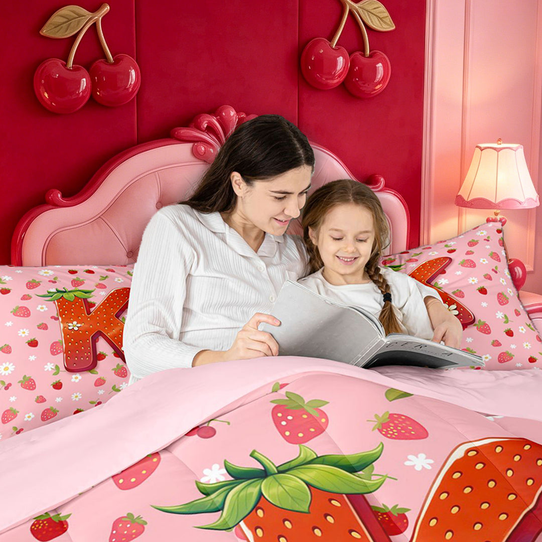meiyoeat Cute Strawberry Daisy 7 Pieces Full Size Bedding Sets,Kids Personalized Initial Alphabet K Full Size Bed in a Bag For Girl,Pink Reversible