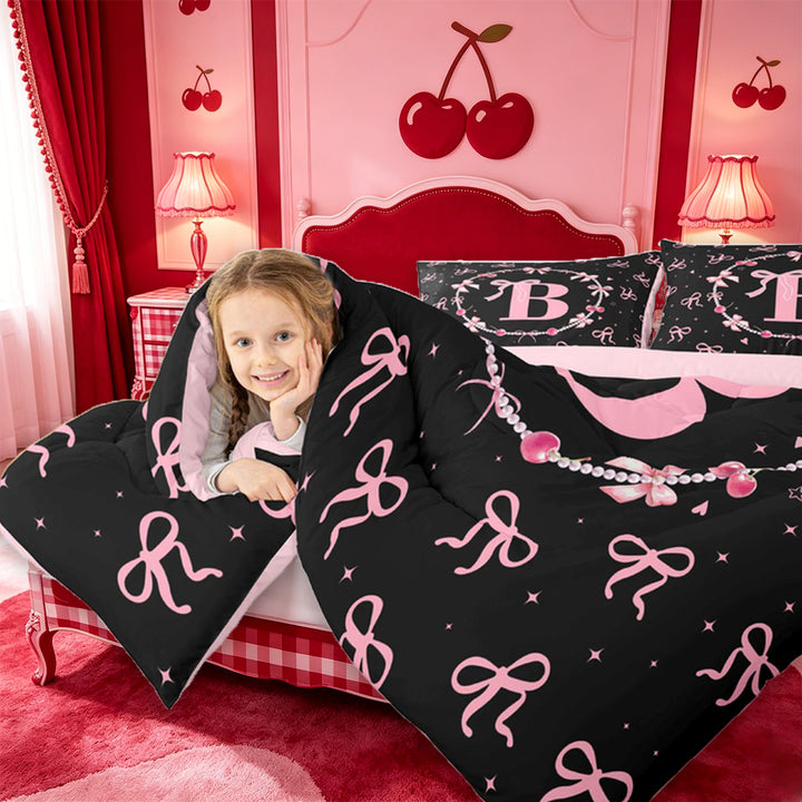 meiyoeat Ribbon Bow Pearl Full Size Comforter Sets,Pink Monogrammed B Bedding Comforter Set For Girl,Pink Reversible,3 Pieces,1 Comforter and 2 Pillowcases