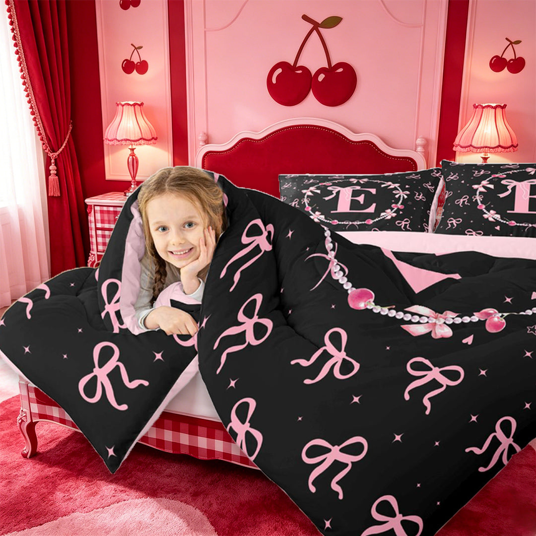 meiyoeat Pink Personalized Initial E Full Size Comforter Sets,Princess Bow Bedding Comforter Set For Girl,Pink Reversible,3 Pieces,1 Comforter and 2 Pillowcases