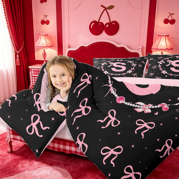meiyoeat Coquette Bowknot Monogram S 7 Pieces Full Size Bedding Sets,Pink Initial Design Full Size Bed in a Bag For Girl,Pink Reversible