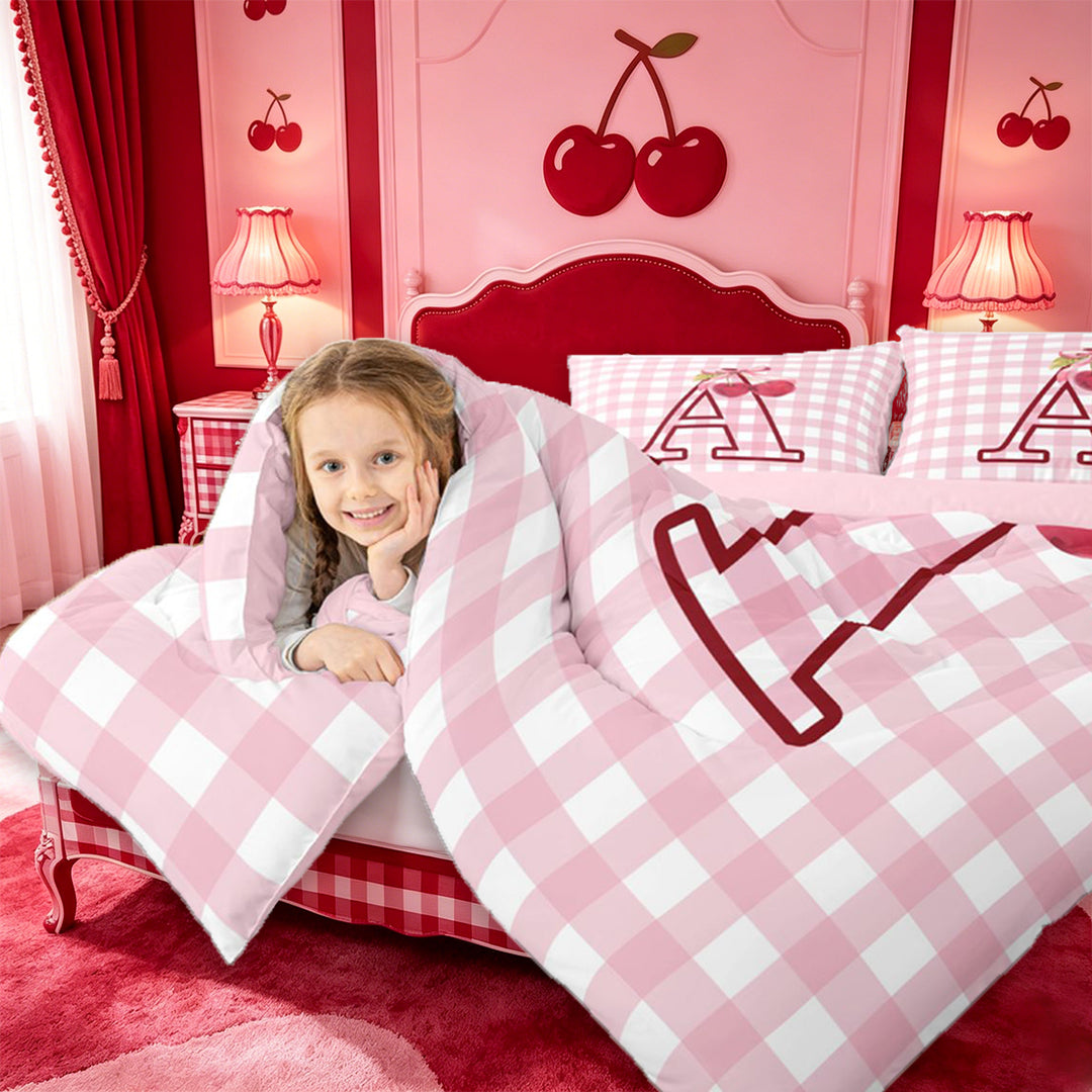 meiyoeat Pink Bow Cherry Monogram A Full Size Comforter Sets,Classic Geometric Checkered Bedding Comforter Set For Girl,Pink Reversible,3pcs,1 Comforter and 2 Pillowcases