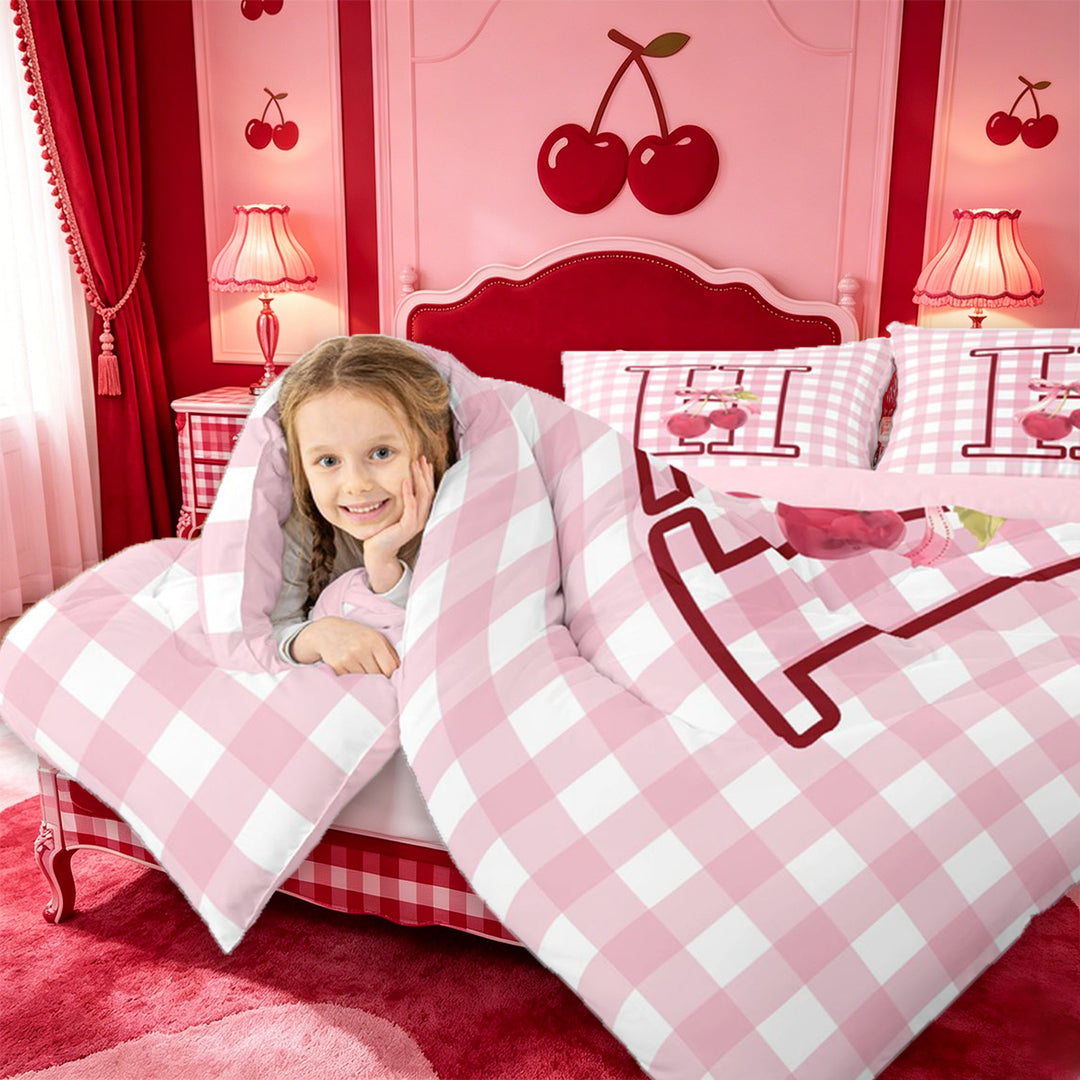 meiyoeat Girls Personalized Initial Gifts Full Size Comforter Sets,Pink Checkered Initial Art Bedding Comforter Set For Girl,Pink Reversible,3 Pieces,1 Comforter and 2 Pillowcases