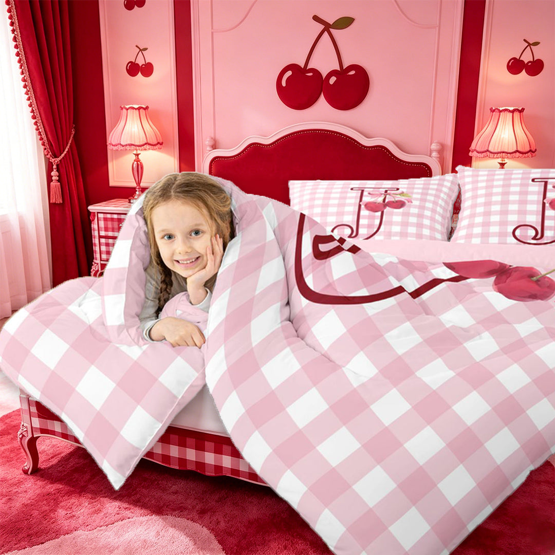 meiyoeat Ribbon Bow Monogram J Full Size Comforter Sets,Pink Cherry Initial Art Bedding Comforter Set For Girl,Pink Reversible,3pcs,1 Comforter and 2 Pillowcases