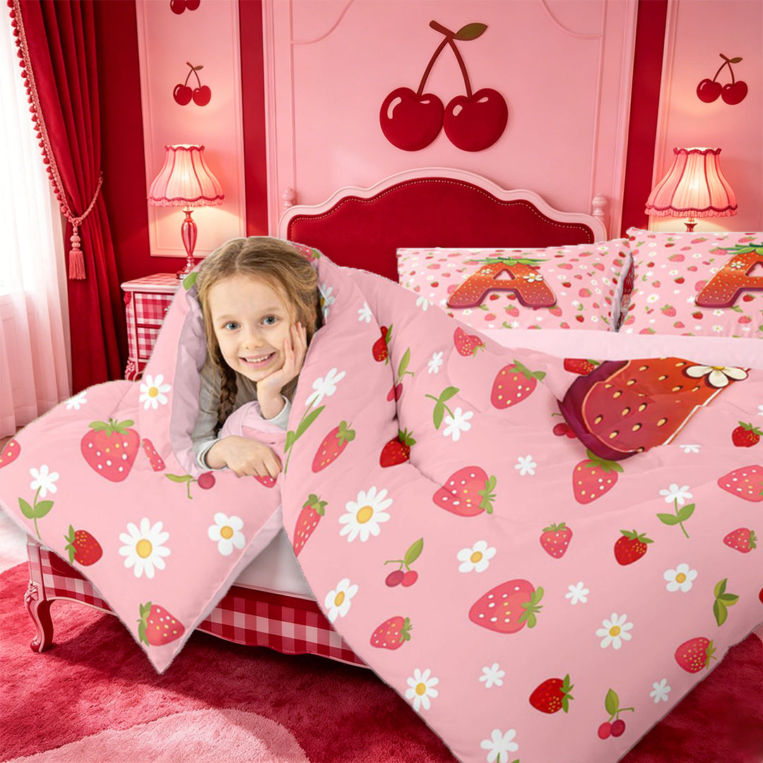 meiyoeat Strawberry Floral Monogram A Full Size Comforter Sets,3D Cartoon Cute Fruit Bedding Comforter Set For Girl,Pink Reversible,3pcs,1 Comforter and 2 Pillowcases