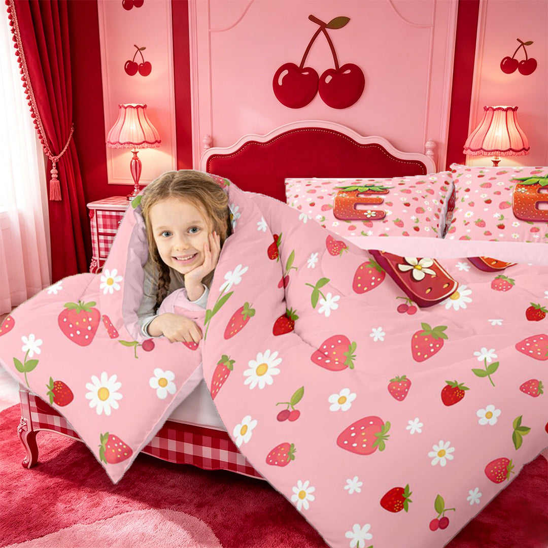 meiyoeat 3D Cartoon Monogram E 7 Pieces Full Size Bedding SetsPink Fruit Strawberry Full Size Bed in a Bag For Girl,Pink Reversible
